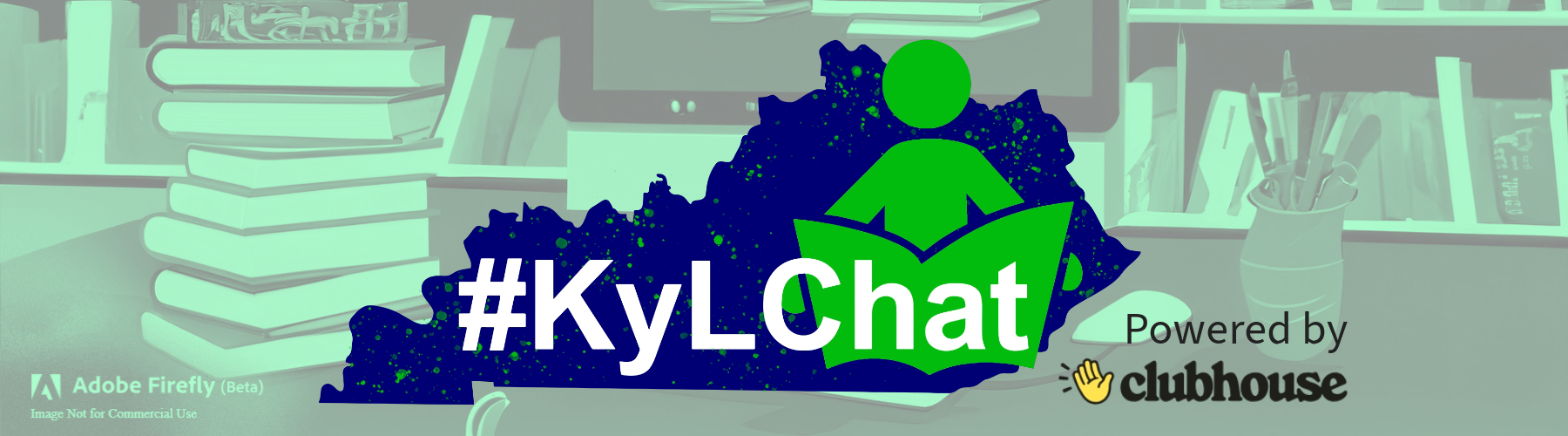 KyLChat logo on top of a school library background illustration of books and a computer, also includes "Powered by Clubhouse app logo"