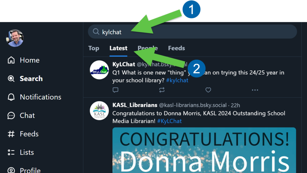 A screenshot of a Bluesky conversation where a user named KyLChat asks, "Q1 What is one new 'thing' you plan on trying this 24/25 year in your school library? #kylchat." Another user replies, "A1 I really want to try using Bluesky for the #KyLChat this year." The image highlights three parts: 1) The user's reply with the answer, 2) A hashtag in the reply (#KyLChat), and 3) The "Reply" button on the screen.